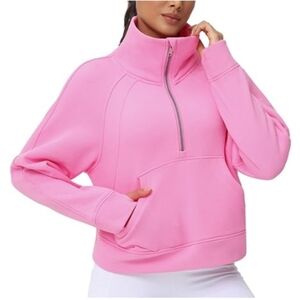 Half Zip Pullover Fleece Stand Collar Crop Sweatshirt with Pockets Pink